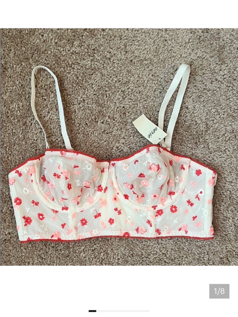 aerie White Bra with Pink and Red Floral Embroidery